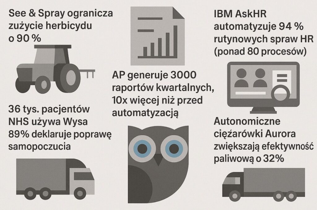 Infografika przedstawia wybrane korzyści dla firm, jakie zapewnia sztuczna inteligencja i agenci AI