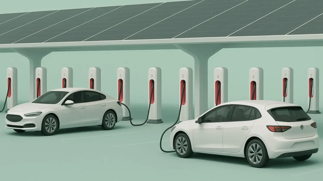 infrastruktura ładowania EV. Szybka ładowarka DC o mocy 150 kW obsługująca biały crossover w hubie na trasie S8 pod Warszawą – symbol rozbudowy polskiej sieci ładowarek