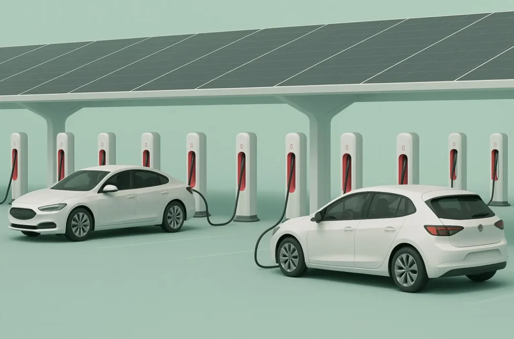 infrastruktura ładowania EV. Szybka ładowarka DC o mocy 150 kW obsługująca biały crossover w hubie na trasie S8 pod Warszawą – symbol rozbudowy polskiej sieci ładowarek