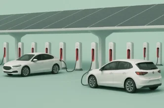infrastruktura ładowania EV. Szybka ładowarka DC o mocy 150 kW obsługująca biały crossover w hubie na trasie S8 pod Warszawą – symbol rozbudowy polskiej sieci ładowarek