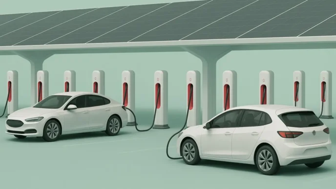 infrastruktura ładowania EV. Szybka ładowarka DC o mocy 150 kW obsługująca biały crossover w hubie na trasie S8 pod Warszawą – symbol rozbudowy polskiej sieci ładowarek