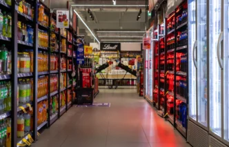 Na zdjęciu: rzędy napojów Coca-Coli i różnych marek Carrefour zapełniają jasno oświetlone półki / Fot. aileenchik, Poznań, 31 lipca 2025 r., Shutterstock