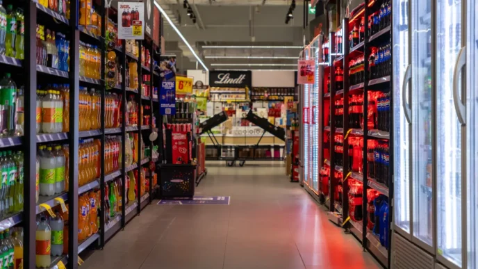 Na zdjęciu: rzędy napojów Coca-Coli i różnych marek Carrefour zapełniają jasno oświetlone półki / Fot. aileenchik, Poznań, 31 lipca 2025 r., Shutterstock