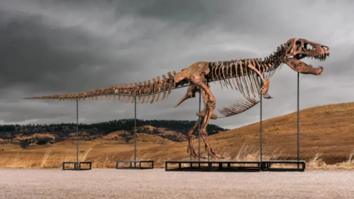 Zdjęcie przedstawia „Gusa” – jeden z największych i najbardziej kompletnych okazów Tyrannosaurus rex, jakie kiedykolwiek odkryto / Fot. Matthew Sherman/Sotheby's