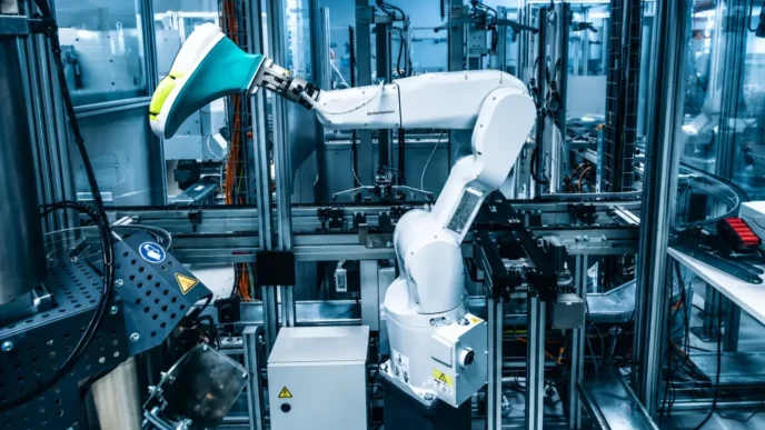 Robot obraca formę ludzkiej stopy, a dysza z dużą precyzją nawija na nią kolejne warstwy cienkiego tworzywa / Fot. Mat. prasowe z fabryki On