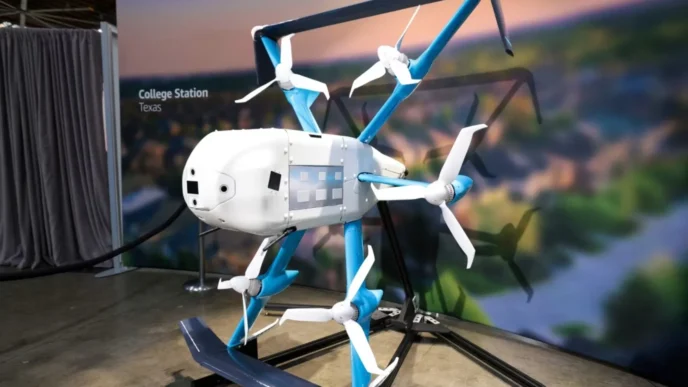 Dron dostawczy Amazon Prime Air na wystawie w 2023 r. / Fot. Jason Redmond, AFP