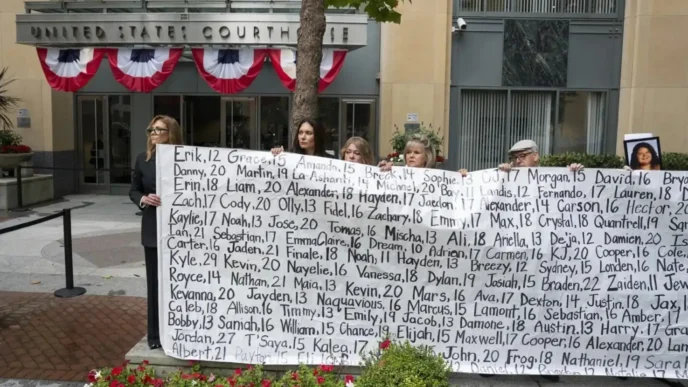 Członkowie rodzin trzymają transparent z nazwiskami prawie 400 młodych ludzi, którzy rzekomo zmarli na skutek wpływu mediów społecznościowych, przed budynkiem federalnym im. Ronalda V. Dellumsa i budynkiem sądu Stanów Zjednoczonych w Oakland