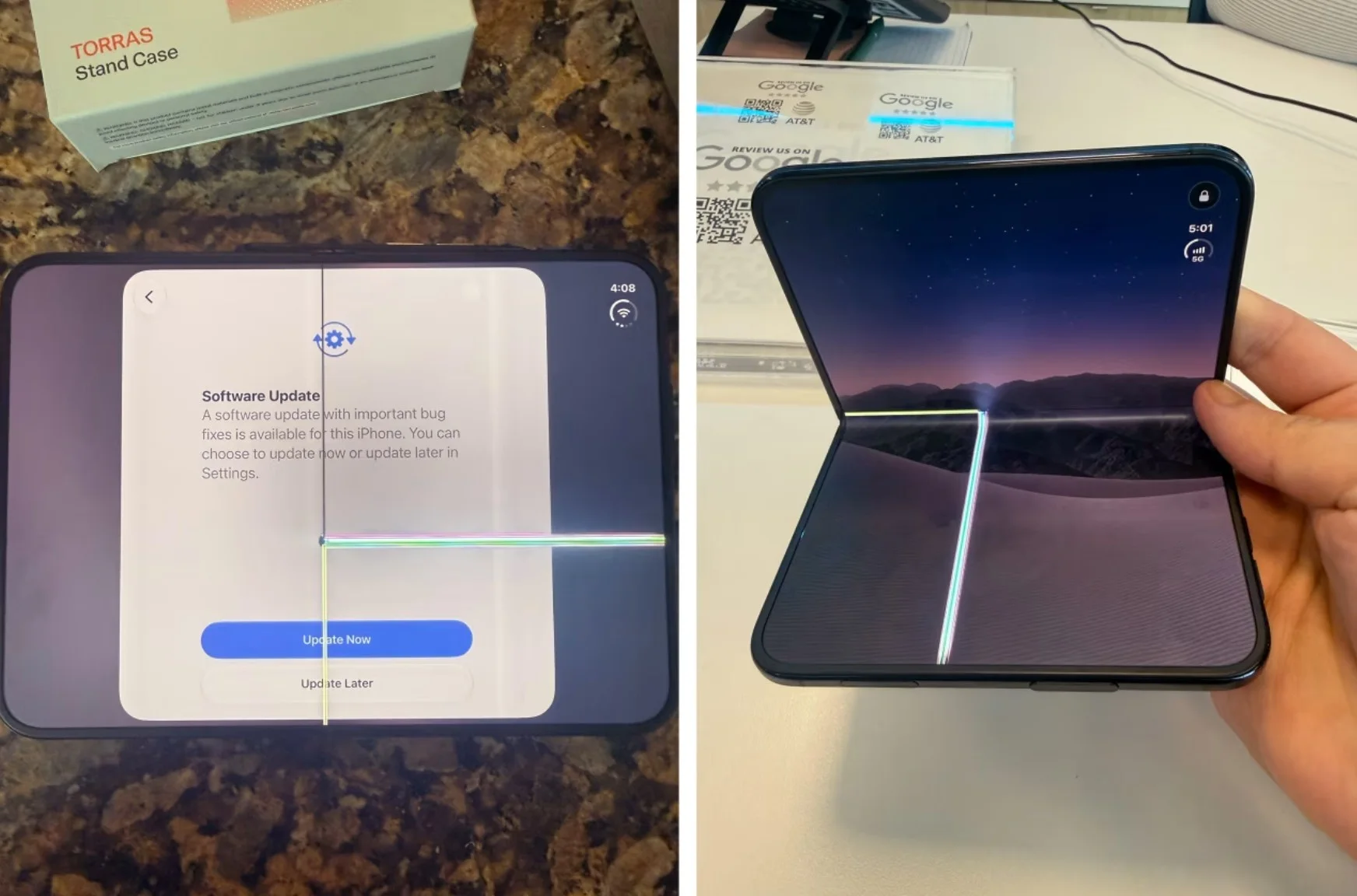Użytkownik rozpakował swojego nowego iPhone’a Duo, gdy zawias się zaciął i rozległ się głośny trzask